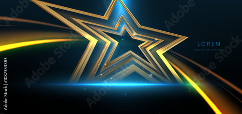 Luxury blue background with gold star glowing lighting effect sparkle.