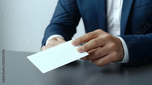 High-resolution close-up of a professional businessman’s hand presenting a blank white business card for networking and corporate meetings