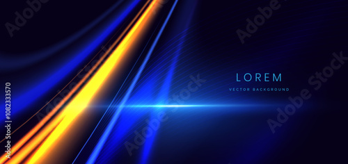 Abstract blue and gold glowing rayn lines curved on dark background. photo