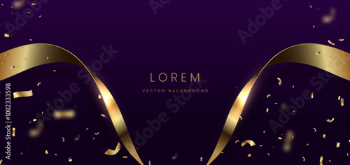 Gold ribbon on dark purple background. Celebration grand openning party happy concept.