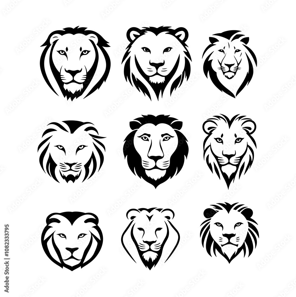 set of black and white lion head abstract vector simple illustrations set of black and white lion head abstract vector simple illustrations