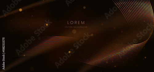 Elegant golden glowing wave lines with lighting effect sparkle on black background.