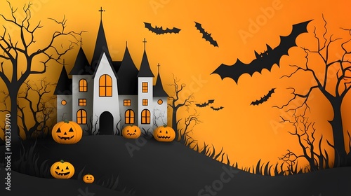 White haunted mansion silhouette with Halloween elements including jack o'lanterns, flying bats, ghosts, and bare trees against light orange background in paper cut style.