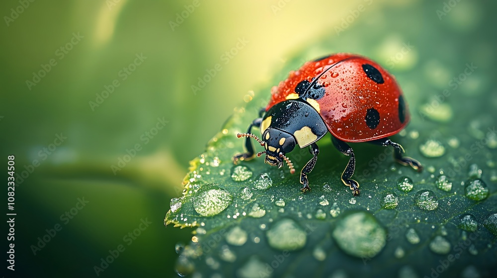Naklejka premium Extreme close-up of seven-spotted ladybug on textured green leaf, showcasing vibrant red and black colors with natural sunlight and dewdrops in garden setting.