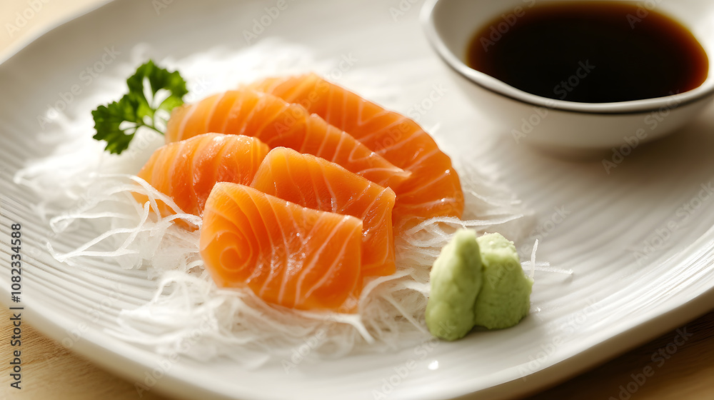 Sliced salmon sashimi with wasabi and soy sauce. Sliced salmon sashimi with wasabi and soy sauce.