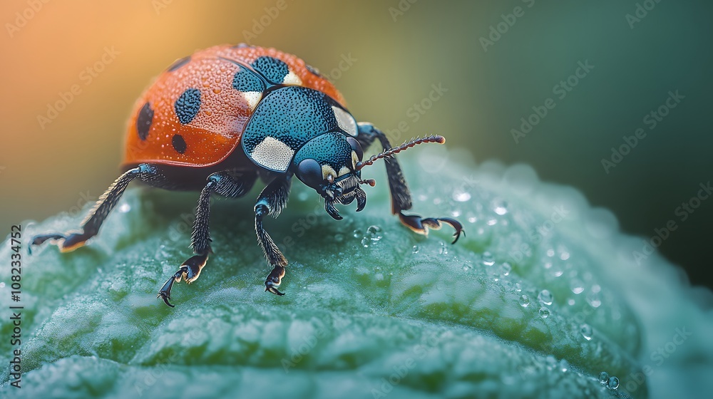 Naklejka premium Extreme close-up of seven-spotted ladybug on textured green leaf, showcasing vibrant red and black colors with natural sunlight and dewdrops in garden setting.