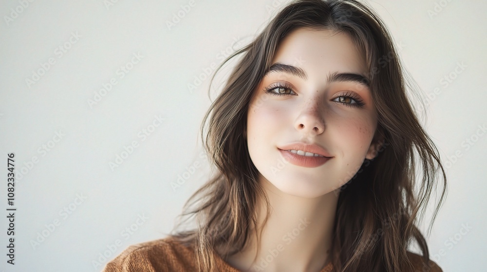 Close-Up Portrait of a Young Woman with Natural Makeup and Soft Features, Captured in a Bright and Airy Environment for Stock Photography Close-Up Portrait of a Young Woman with Natural Makeup and Soft Features, Captured in a Bright and Airy Environment for Stock Photography
