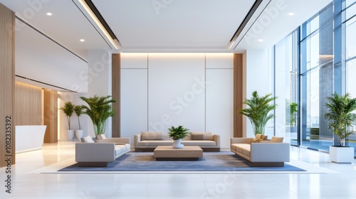 A spacious lobby area highlights elegant furniture and large windows that invite natural light, creating a welcoming environment for visitors in a modern urban setting