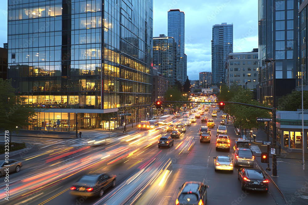 Obraz premium Busy City Street Traffic at Dusk