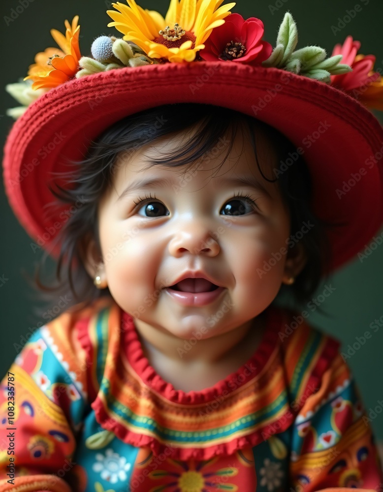 mexican baby girl with smooth facial features and beautiful baby hat on her head,red,yellow,green,blue,purple,realistic,detailed,detailed mexican baby girl with smooth facial features and beautiful baby hat on her head,red,yellow,green,blue,purple,realistic,detailed,detailed