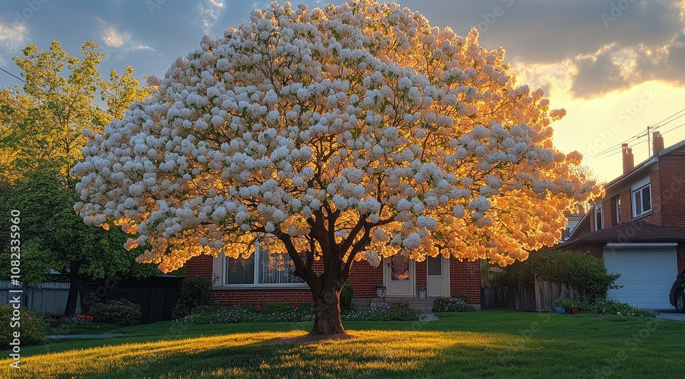 A large, flowering tree with white blossoms stands in front of a suburban home, bathed in the golden light of sunset. A large, flowering tree with white blossoms stands in front of a suburban home, bathed in the golden light of sunset.