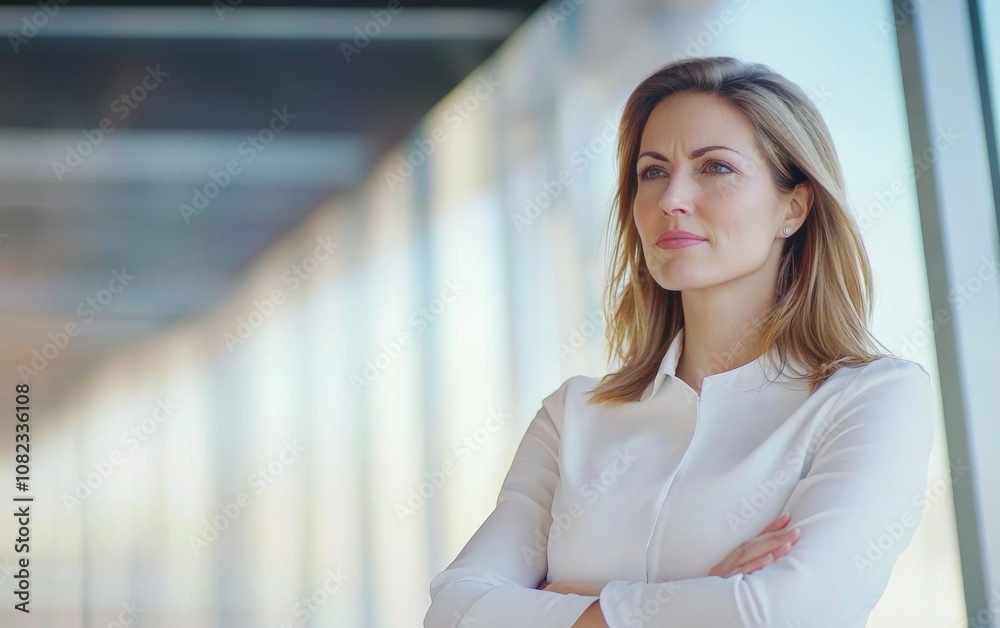 A woman exudes confidence as she stands with her arms crossed, looking thoughtfully out of a glass window in a contemporary office setting, adding a sense of professionalism A woman exudes confidence as she stands with her arms crossed, looking thoughtfully out of a glass window in a contemporary office setting, adding a sense of professionalism