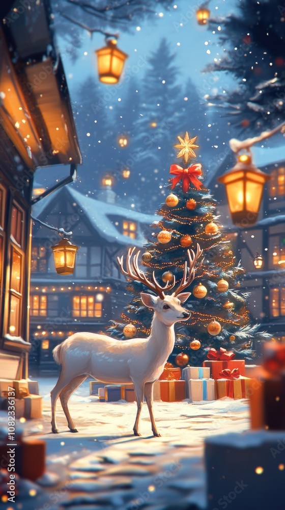 A white deer is standing in front of a Christmas tree A white deer is standing in front of a Christmas tree