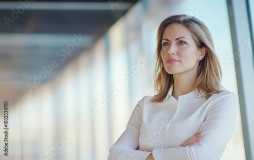 A woman exudes confidence as she stands with her arms crossed, looking thoughtfully out of a glass window in a contemporary office setting, adding a sense of professionalism Free Download A woman exudes confidence as she stands with her arms crossed, looking thoughtfully out of a glass window in a contemporary office setting, adding a sense of professionalism - GFXLoad