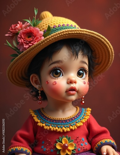 mexican baby girl with smooth facial features and beautiful baby hat on her head,red,yellow,green,blue,purple,realistic,detailed,detailed