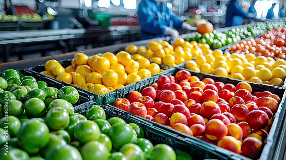 Freshly Harvested Fruits Displayed in Baskets at a Colorful Market with Workers Sorting Fruits in a Bright and Clean Environment Freshly Harvested Fruits Displayed in Baskets at a Colorful Market with Workers Sorting Fruits in a Bright and Clean Environment
