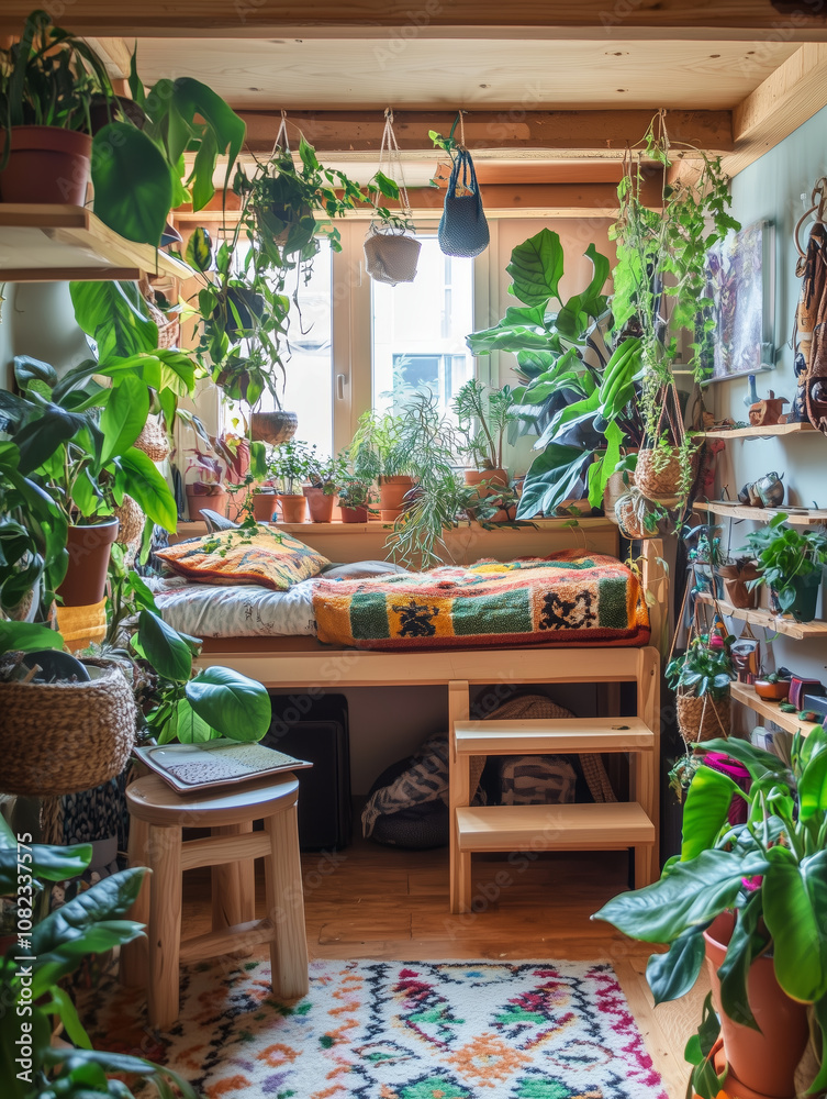 Interior design of cozy bedroom with abundant indoor plants and natural decor
