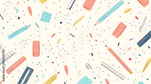 School supplies pattern featuring pencils, rulers, and erasers in minimalist line art style, using pastel coral, mint, and yellow colors on white background in modern design.