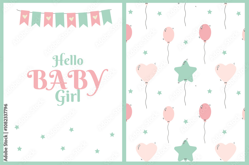 a card and pattern set for a newborn baby girl with balloons and stars in soft colors