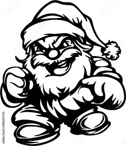 Angry gnome santa claus, outline. Black vector illustration. Christmas Silhouette