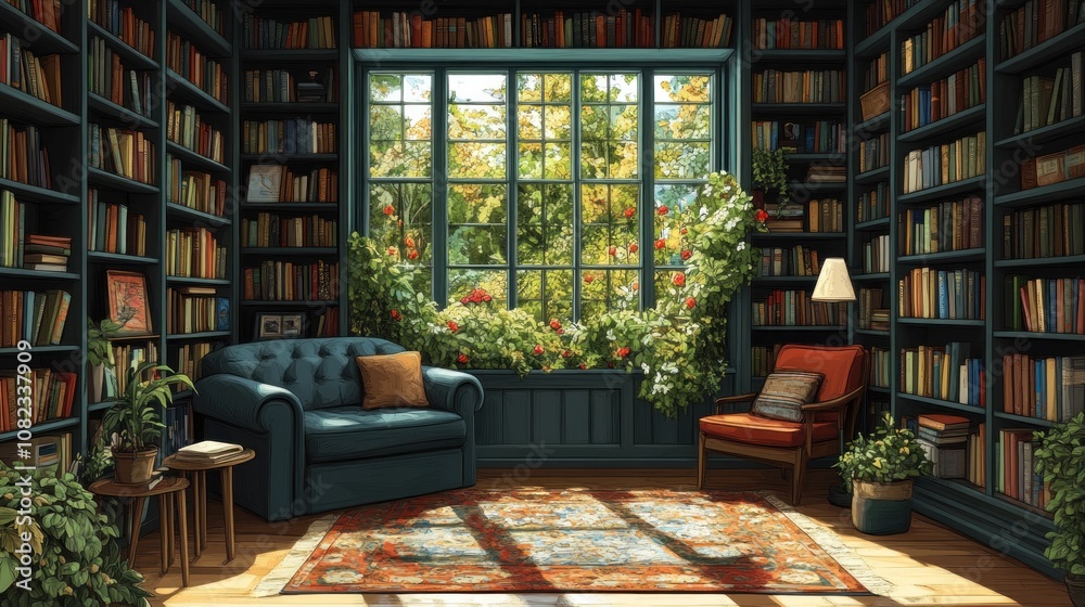 A cozy library with a large window overlooking a garden, filled with bookshelves, two armchairs, a rug, and a potted plant. A cozy library with a large window overlooking a garden, filled with bookshelves, two armchairs, a rug, and a potted plant.