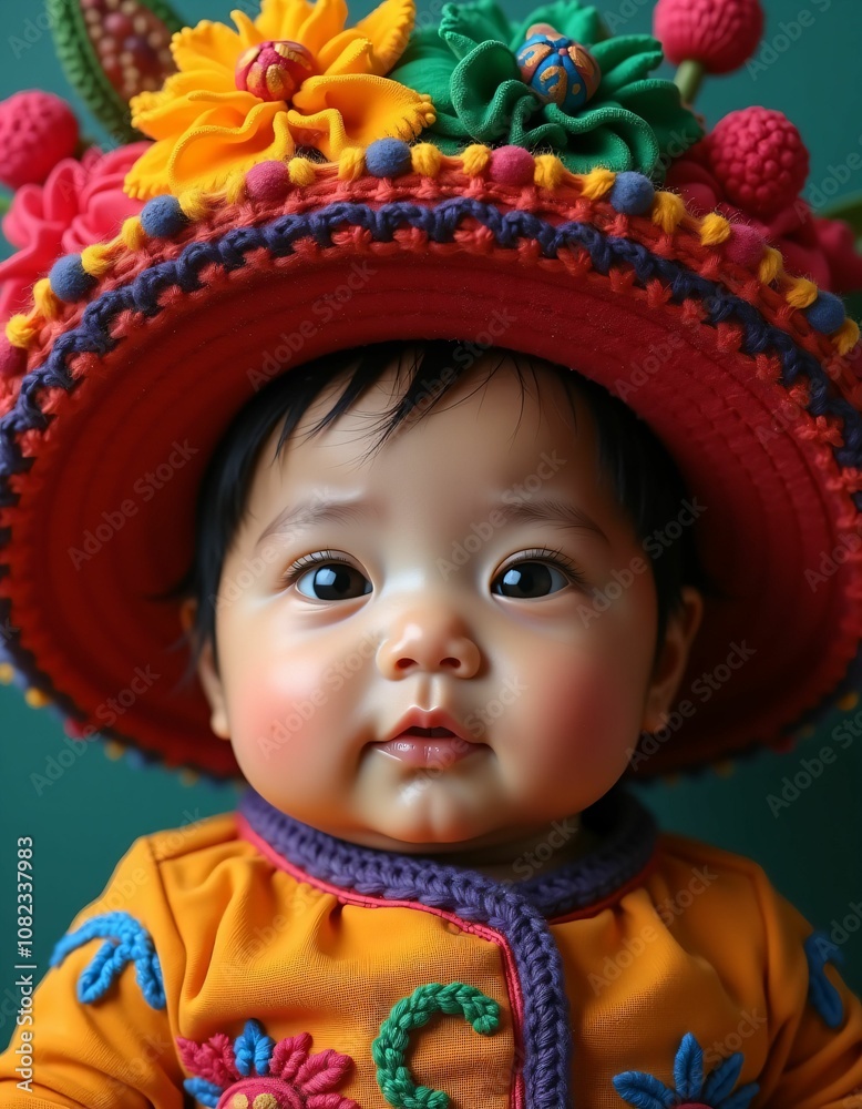 mexican baby girl with smooth facial features and beautiful baby hat on her head,red,yellow,green,blue,purple,realistic,detailed,detailed mexican baby girl with smooth facial features and beautiful baby hat on her head,red,yellow,green,blue,purple,realistic,detailed,detailed