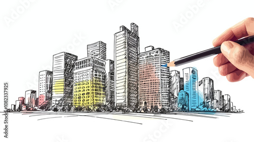 Urban City Buildings Hand Drawing - Close-Up Flat Style