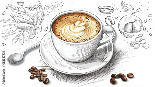 Creative Close-Up of Coffee Cup with Hand-Drawn Sketches, Artistic Coffee Break Concept
