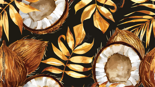 Hand Drawn Watercolor Coconut Fruits with Golden Leaves