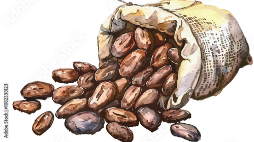 Cocoa Beans Burlap Sack Watercolor Illustration