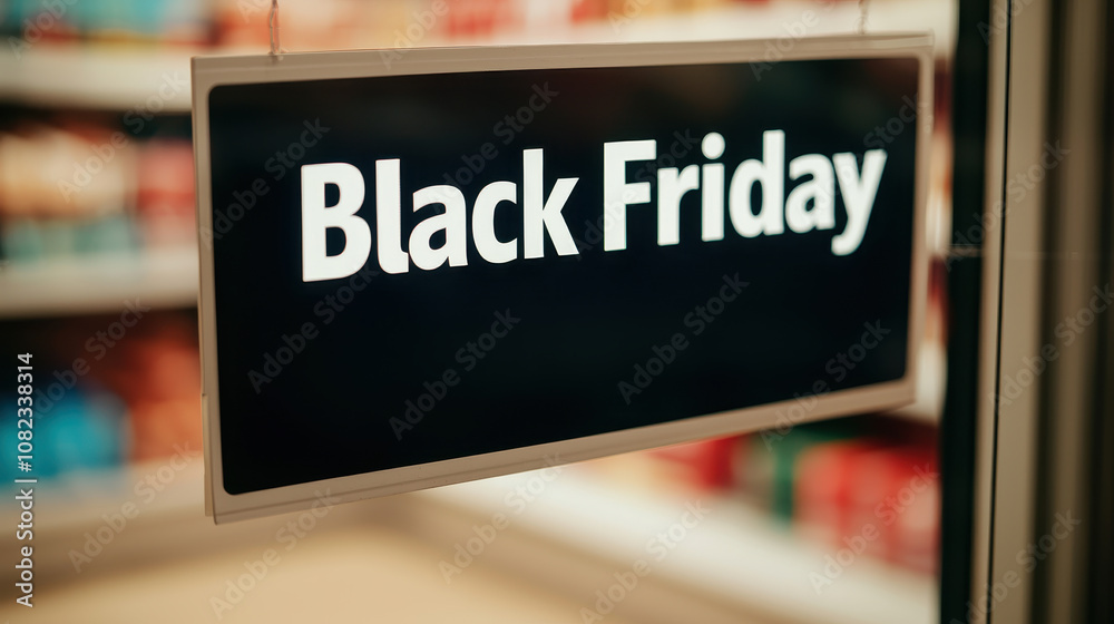 Black Friday sale sign in store window, promoting discounts and deals. Shoppers excited for holiday shopping season, looking for great bargains and offers Black Friday sale sign in store window, promoting discounts and deals. Shoppers excited for holiday shopping season, looking for great bargains and offers