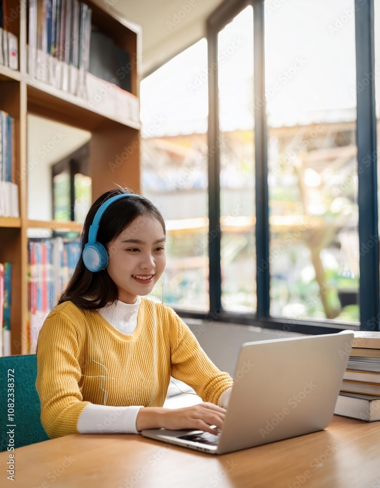 Young female student study in the school library.She using laptop Young female student study in the school library.She using laptop