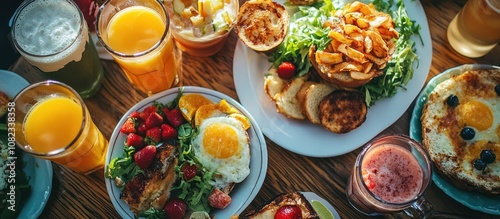 Wallpaper Mural A table full of fresh, delicious breakfast items, including eggs, toast, fruit, and juice. Torontodigital.ca