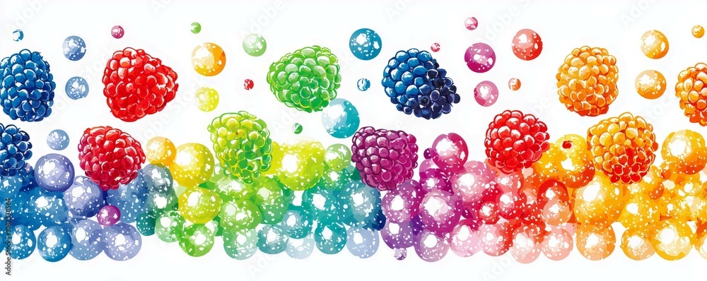 Vibrant Composition of Berries with Bubbles in a Colorful Spectrum showcasing Red, Blue, Green, Orange, and Yellow Berries on a White Background for Food and Beverage Themes Vibrant Composition of Berries with Bubbles in a Colorful Spectrum showcasing Red, Blue, Green, Orange, and Yellow Berries on a White Background for Food and Beverage Themes