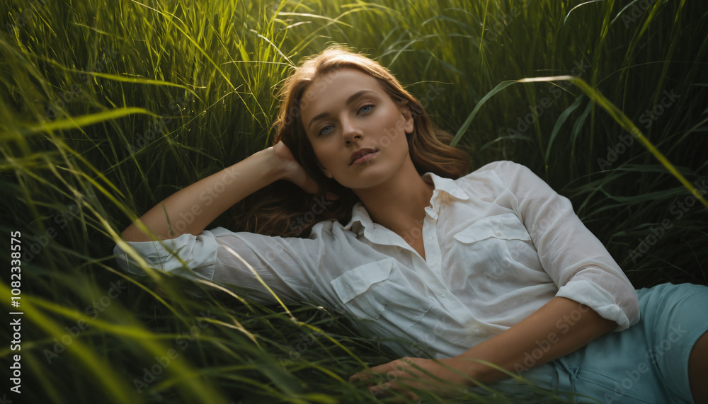 female model laying in tall grass, well lit portrait take using flash photography, wellbeing female model laying in tall grass, well lit portrait take using flash photography, wellbeing