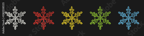 Set of Design Elements Snowflakes of Different Colors Isolated on Dark Background. Style of Children's Drawing.