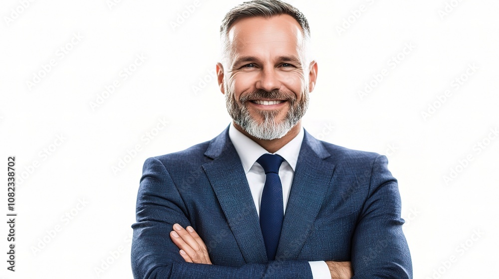Confident Businessman Smiling with Arms Crossed in a Professional Attire, Exuding Positivity and Charisma Against a Bright Background Confident Businessman Smiling with Arms Crossed in a Professional Attire, Exuding Positivity and Charisma Against a Bright Background