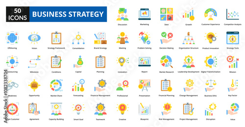 business strategy flat icon collection set. Includes partnership,target,employment,trade,deal,contract,plan,marketing, project, idea