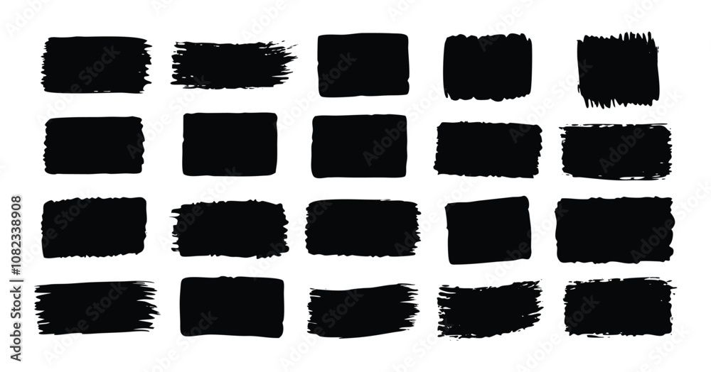 Set of Grunge Brush Stroke Shapes - Black Hand-Painted Textured Rectangles and Squares for Design Elements vector on white background Set of Grunge Brush Stroke Shapes - Black Hand-Painted Textured Rectangles and Squares for Design Elements vector on white background