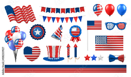 Independence Day items American national holiday 4th of July set realistic vector illustration