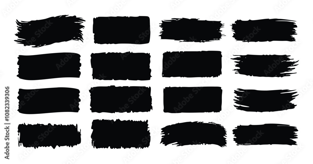 Set of Grunge Brush Stroke Shapes - Black Hand-Painted Textured Rectangles and Squares for Design Elements vector on white background Set of Grunge Brush Stroke Shapes - Black Hand-Painted Textured Rectangles and Squares for Design Elements vector on white background