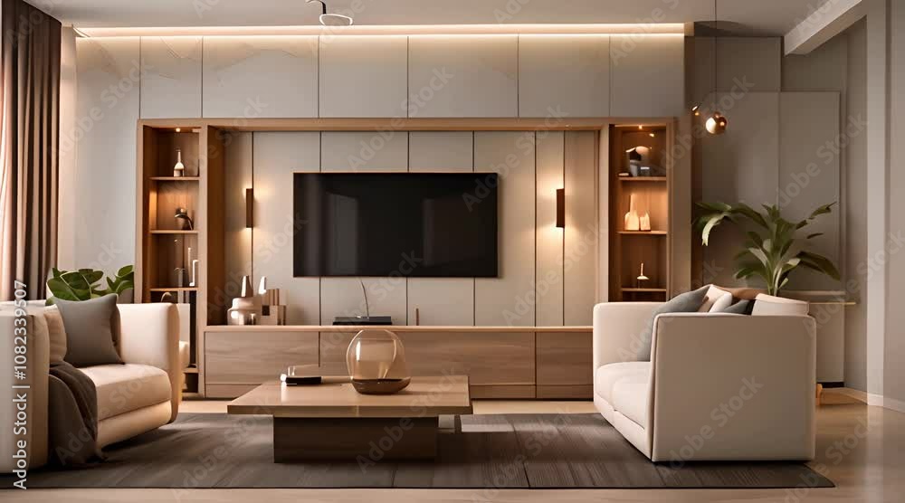 Modern interior of living room with wooden cabinet and armchair home design 3d animation rendering 4K