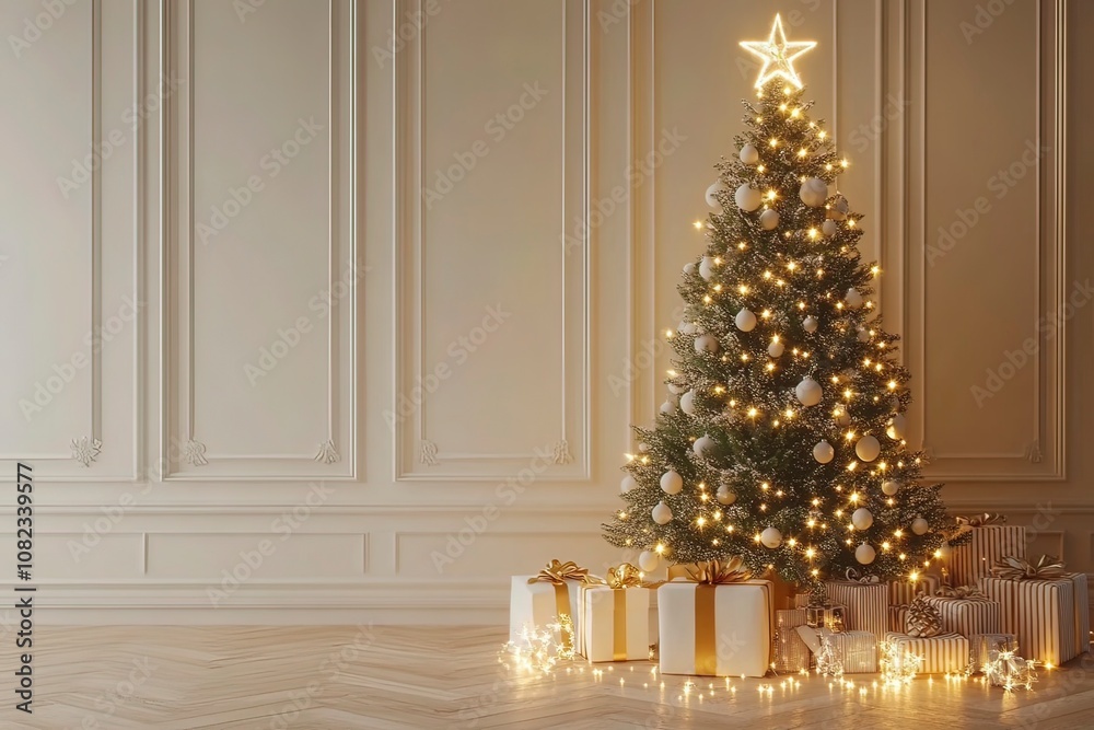 Holidays background with illuminated Christmas tree, gifts and decoration. with generative ai 