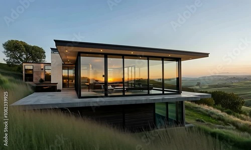 Modern farmhouse with a contemporary facade and wrap-around porch, set against a backdrop of rolling meadows and distant hills