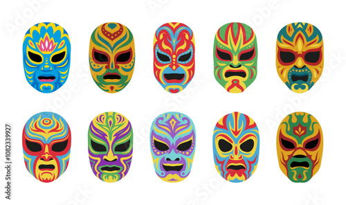 Luchador dead wrestler mask fighting superhero face set vector flat illustration