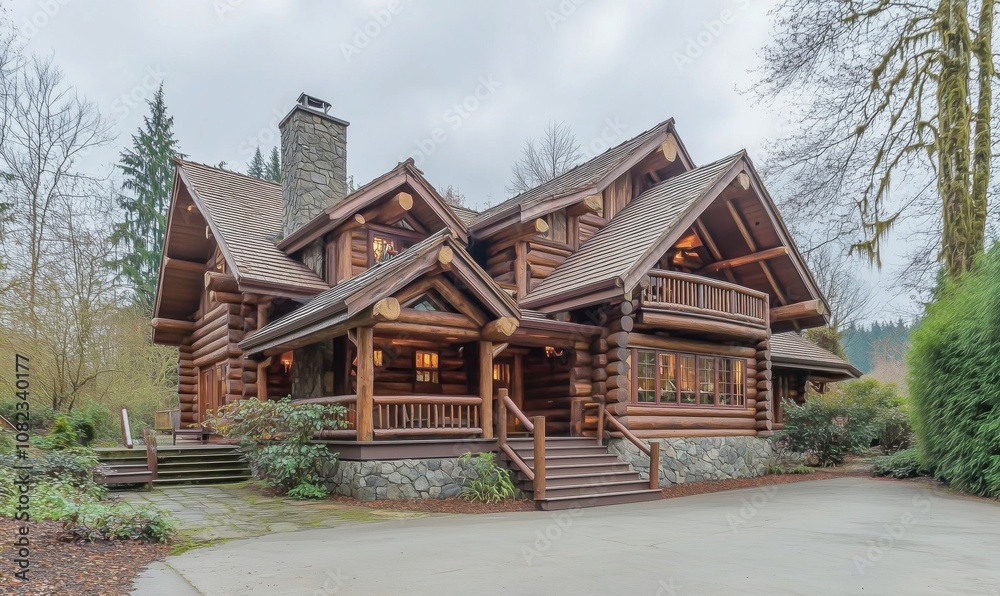 Log cabin house with rustic charm, surrounded by trees and greenery, featuring stone chimney and multiple gabled roofs Log cabin house with rustic charm, surrounded by trees and greenery, featuring stone chimney and multiple gabled roofs
