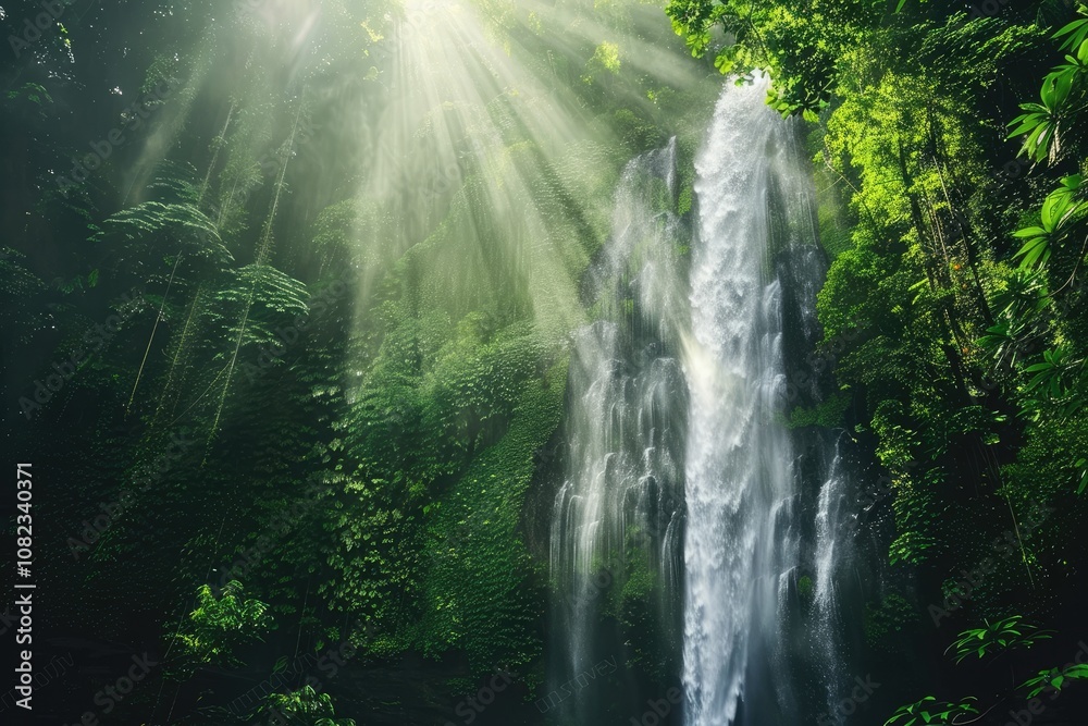 Sunbeams Illuminating a Waterfall in a Lush Green Jungle Sunbeams Illuminating a Waterfall in a Lush Green Jungle