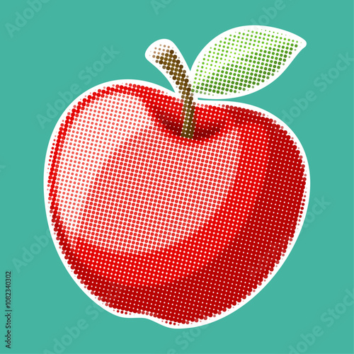 Apple. Trendy halftone style. Fresh fruit retro color halftone dotted texture. Vintage cutout magazine pop art style, modern collage element. Vector illustration