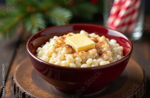 Christmas rice porridge with butter and cinnamon on dark wooden background