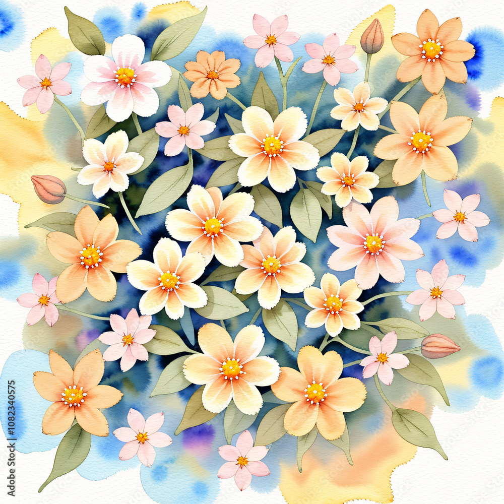 Plain Pale Ochre Background with Tiny Watercolor Flowers Plain Pale Ochre Background with Tiny Watercolor Flowers